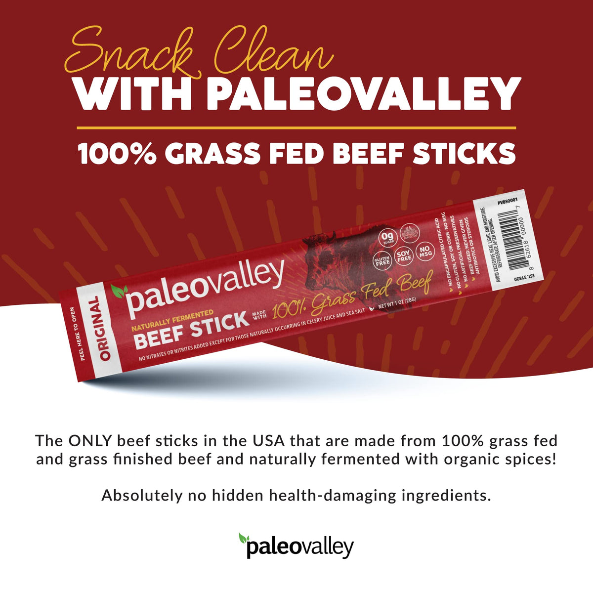 Paleovalley 100% Grass Fed Original Beef Sticks - Delicious Gluten Free Beef Snack - High Protein Keto Friendly PaleovalleyBuy Supplements Australia