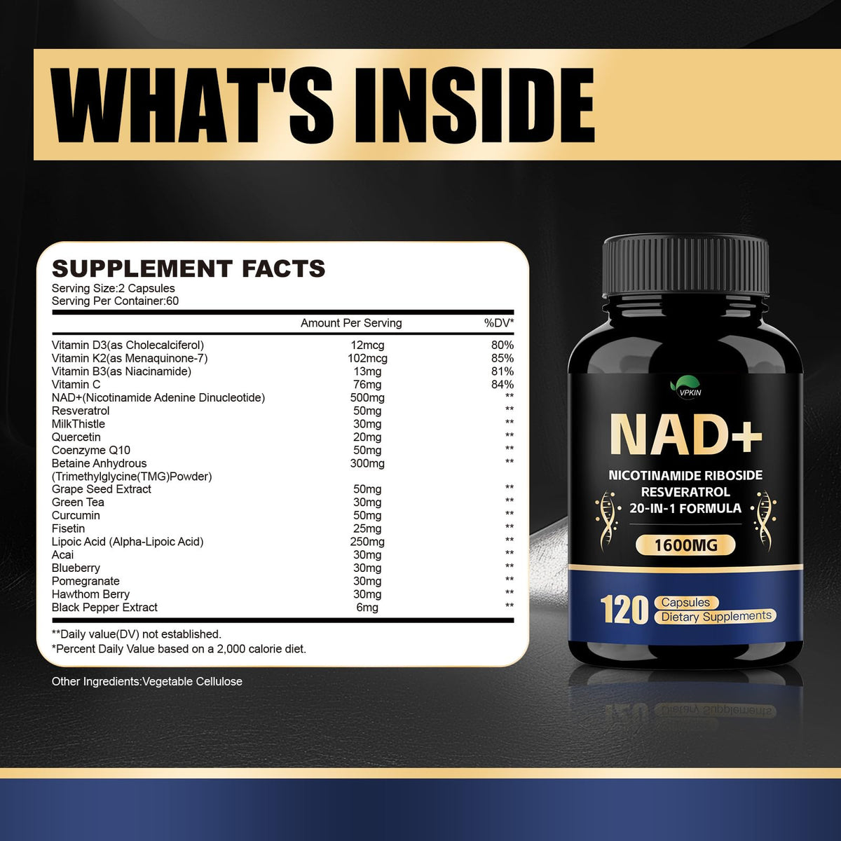 VPKIN NAD Supplement,1500mg NAD+ Supplement with Resveratrol,Nicotinamide,Quercetin,CoQ10,Support Energy & Repair, Vitality,Non-GMO, No Fillers(120 Capsules) VPKINBuy Supplements Australia