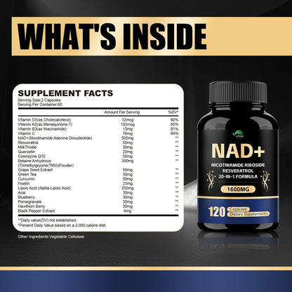 VPKIN NAD Supplement,1500mg NAD+ Supplement with Resveratrol,Nicotinamide,Quercetin,CoQ10,Support Energy & Repair, Vitality,Non-GMO, No Fillers(120 Capsules) VPKINBuy Supplements Australia