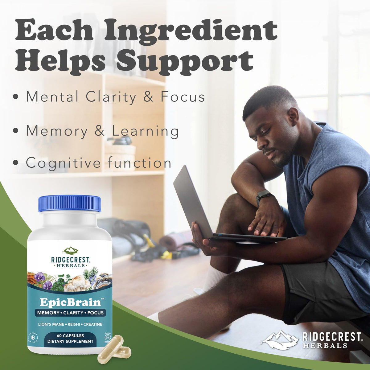 RidgeCrest Herbals EpicBrain, Natural Brain Support Supplement with Creatine Monohydrate, Lion's Mane, Reishi, Supports Mental Clarity, Memory, Focus, Stimulant-Free Nootropic (60 Count, 30 Servings) RidgeCrest HerbalsBuy Supplements Australia