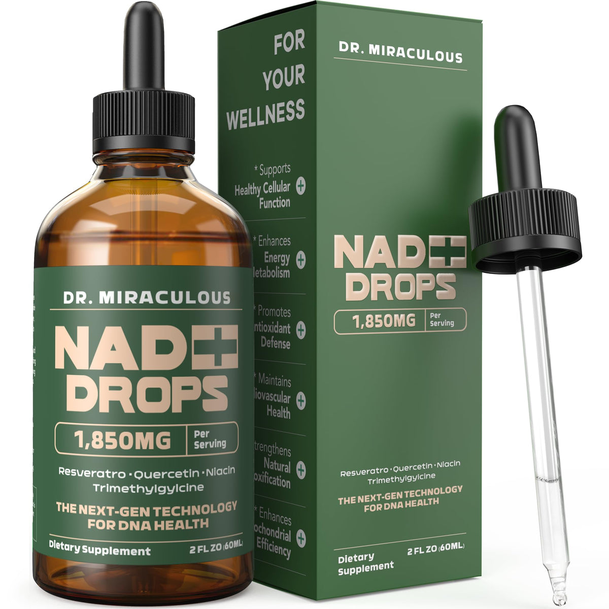 Dr. Miraculous NAD+ Drops bottle and packaging on a white background