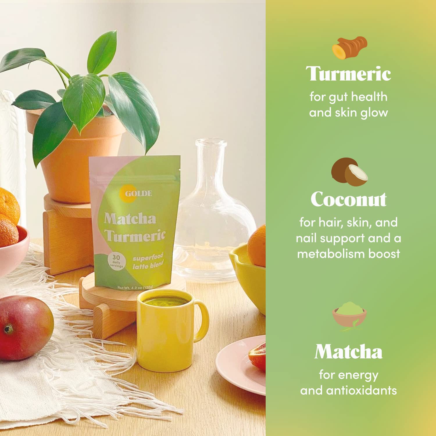 GOLDE - Superfood Latte Blend - Matcha Turmeric - Plant-Based w/Turmeric, Coconut, & Matcha - Stress Balance - Vegan, Keto, & Sugar-Free - 30 Servings GOLDEBuy Supplements Australia