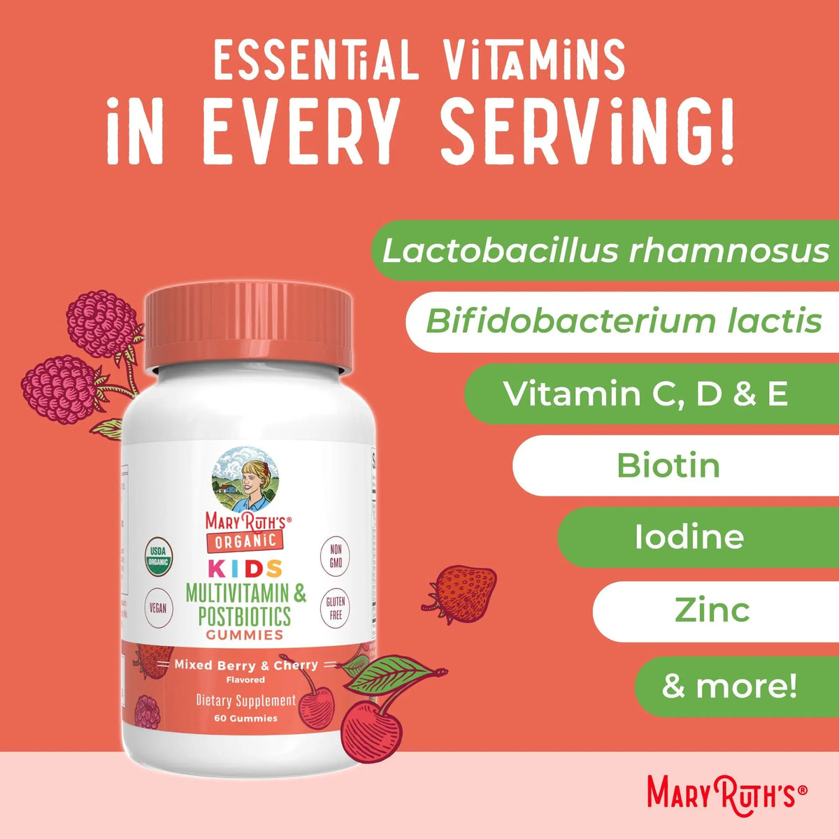 Kids Vitamins by MaryRuth's | USDA Organic | Multivitamin Gummies + Postbiotics for Ages 4+ | Multivitamin for Kids with Lactobacillus Rhamnosus | Children’s Vitamins | Vegan | Non-GMO | 60 Count MARYRUTH'SBuy Supplements Australia