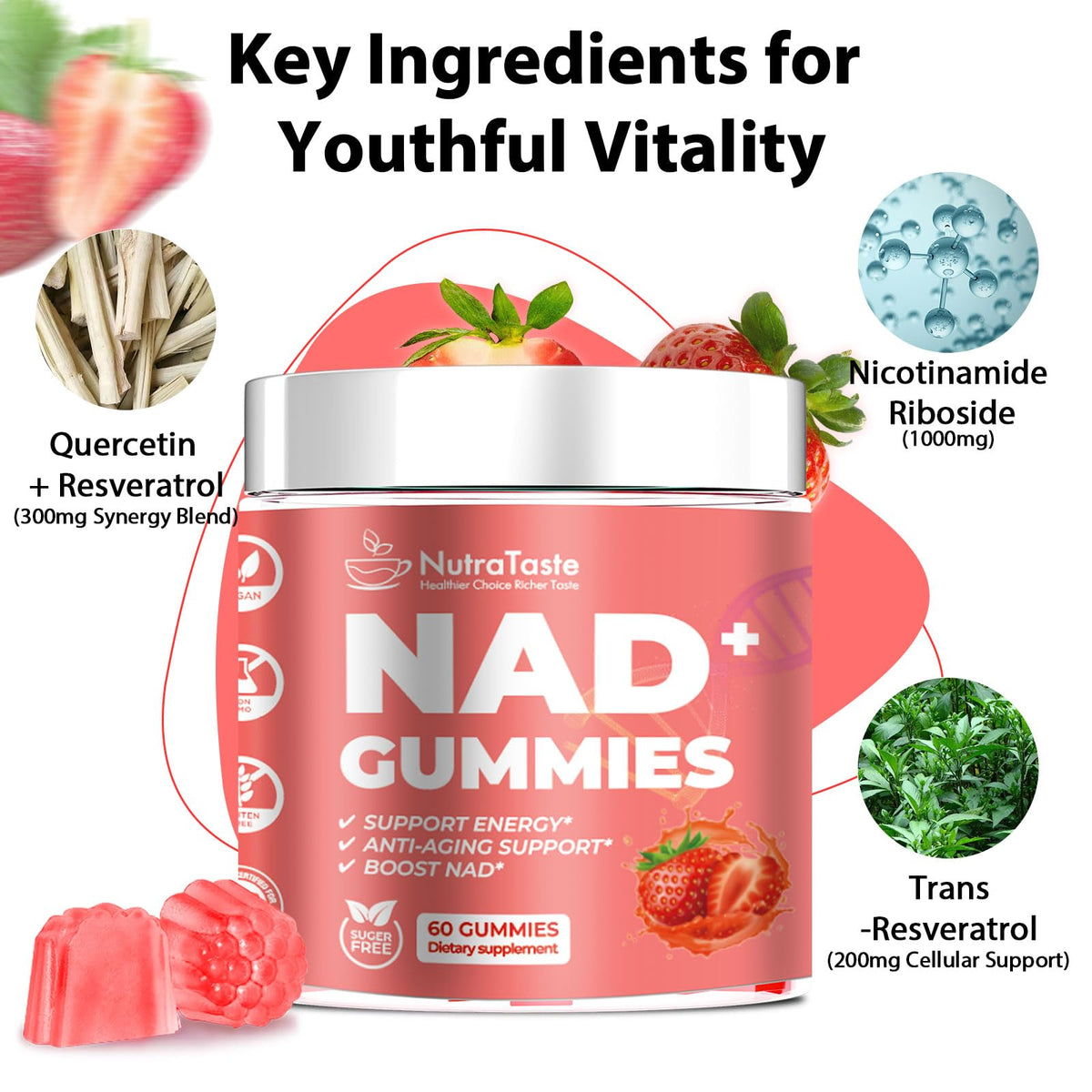 NUTRATASTE HEALTHIER CHOICE RICHER TASTE NAD⁺ Gummies Supplement for Anti-Aging, Energy & Focus Boost | Resveratrol, Nicotinamide Riboside | Strawberry Flavor, Vegan, Sugar-Free,60 Count (Pack of 1) NUTRATASTE HEALTHIER CHOICE RICHER TASTEBuy Supplements Australia