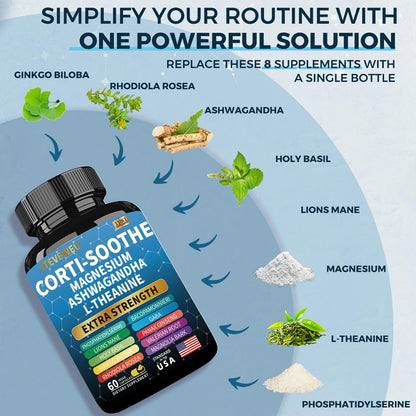 Corti-Soothe Cortisol Supplement for Women and Men with Magnesium Glycinate 200mg, L-Theanine 150mg, Phosphatidylserine 50mg & Manager Holy Basil Ginkgo Biloba Bacopa Monnieri Valerian 60 Capsules JTEVEweuBuy Supplements Australia