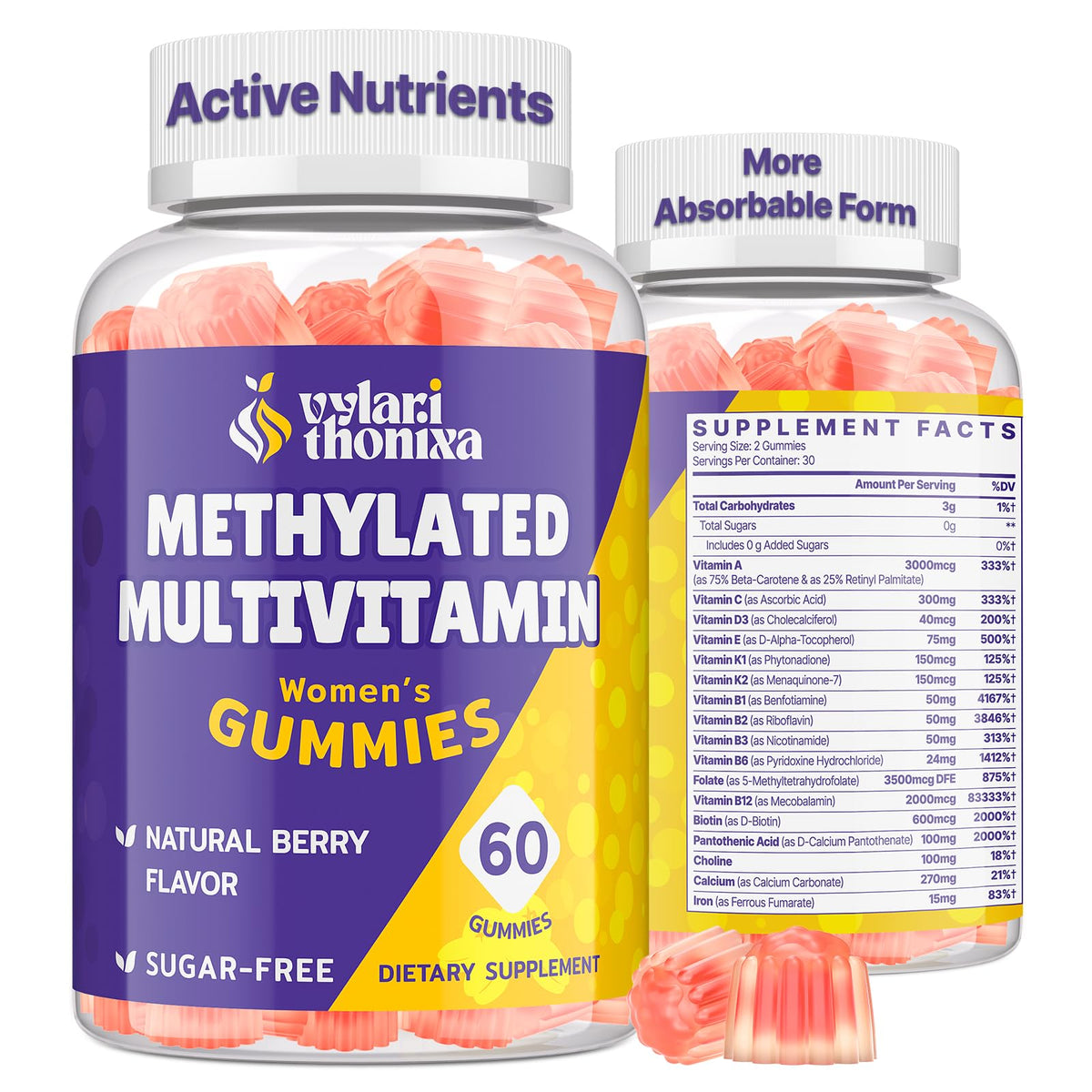 Vylarithonixa Methylated Multivitamin Gummies for Women – MTHFR Supplement Contains Methylfolate, Methylated B12, TMG & Vitamins A C E K – Energy, Immune & Skin Support VylarithonixaBuy Supplements Australia