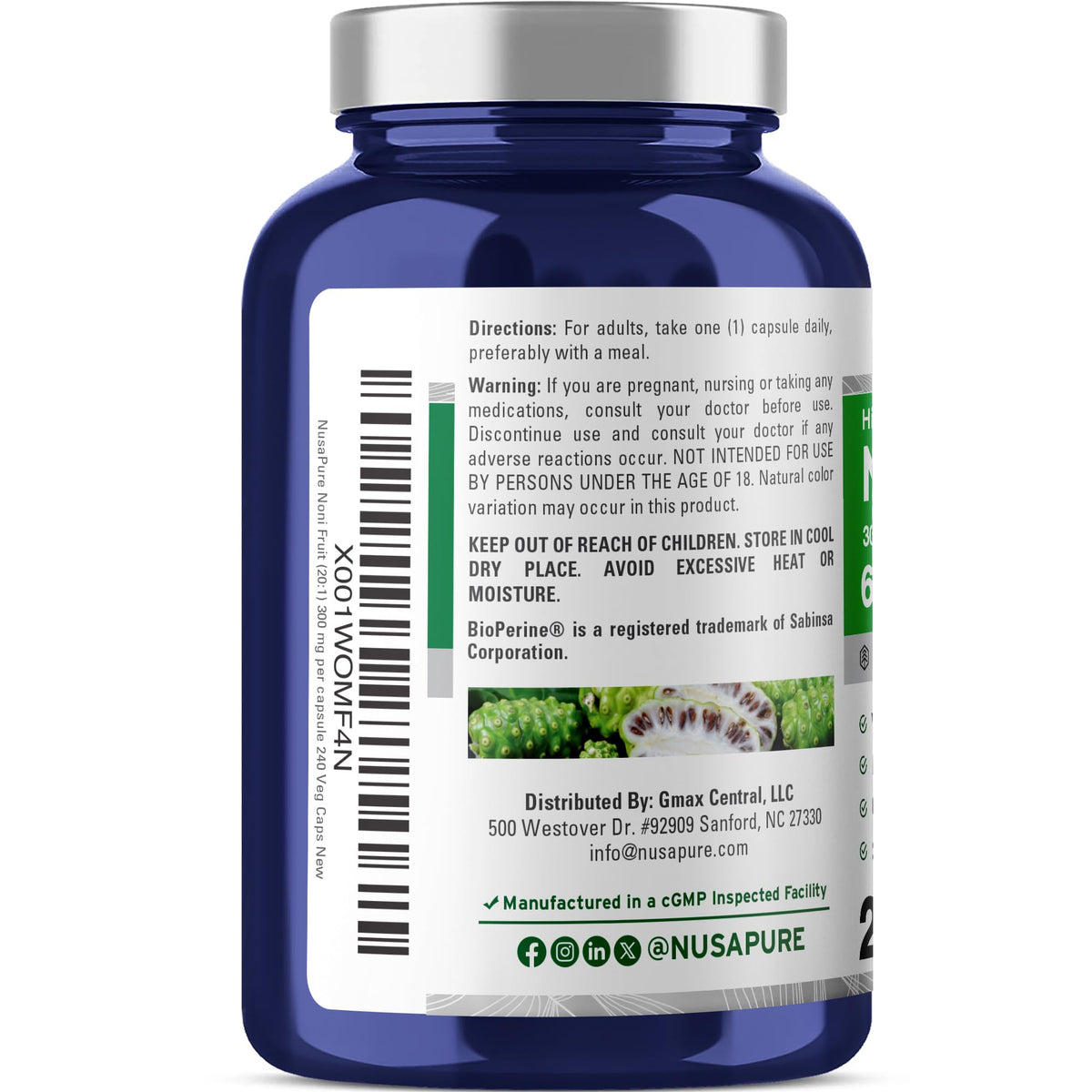 NusaPure Noni Fruit 20:1 Extract, 300 mg Equivalent to 6,000 mg 240 Capsules Suitable for Vegetarian/Vegan, Non-GMO NusaPureBuy Supplements Australia