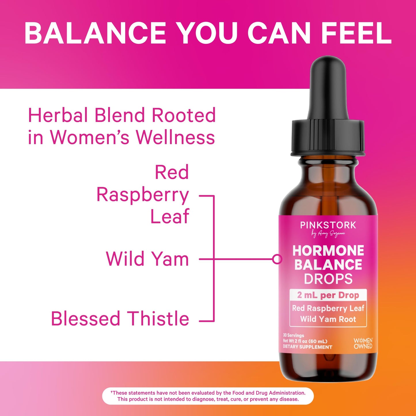 Pink Stork Hormone Balance Drops for Women - Supports Hormonal Health, PMS, Perimenopause & Mood, with Red Raspberry Leaf & Wild Yam - Liquid Supplement - Vegan, 2oz, 30 Servings Pink StorkBuy Supplements Australia