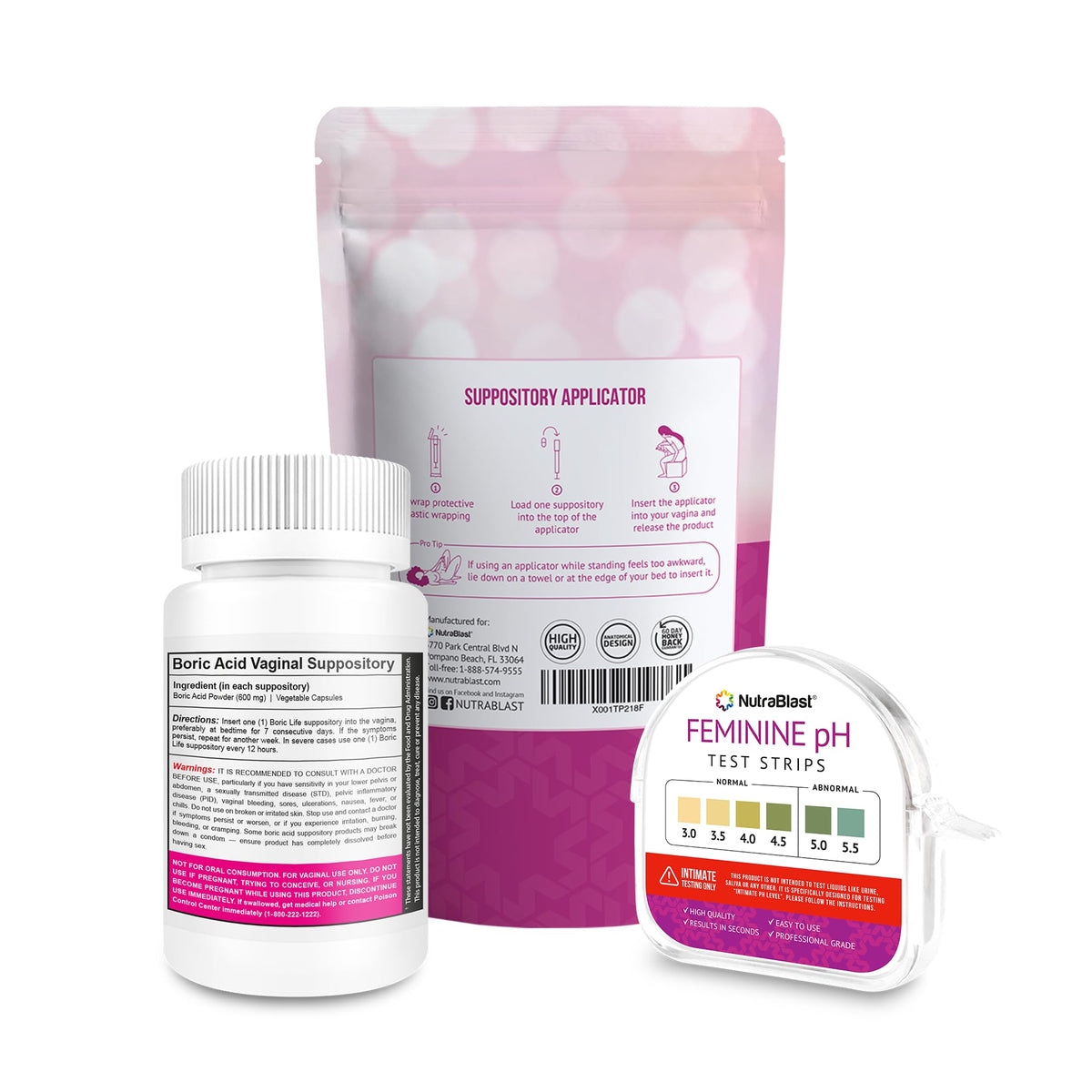 NutraBlast Boric Acid Suppositories 600mg (30 Count) Bundle with Disposable Suppository Applicators (15-Pack) and Feminine pH Test Strips 3.0-5.5 (100 Tests Roll) NutraBlastBuy Supplements Australia