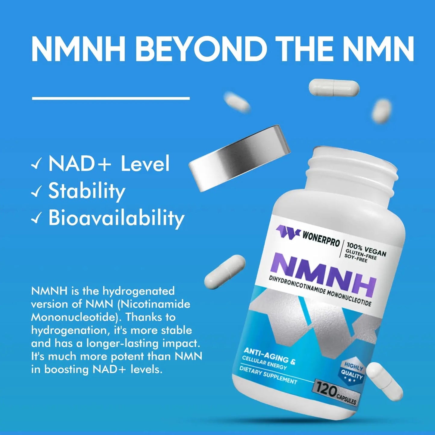 WONERPRO NMNH (NMN Supplement Alternative)，1000mg Per Serving NAD Supplement to Boost NAD+ Levels as We Age, for Anti Aging, Energy, Focus - 120 Capsule WONERPROBuy Supplements Australia