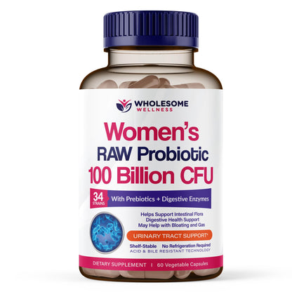 Wholesome Wellness Dr. Formulated Raw Probiotics for Women 100 Billion CFUs Capsules with Prebiotics, Digestive Enzymes