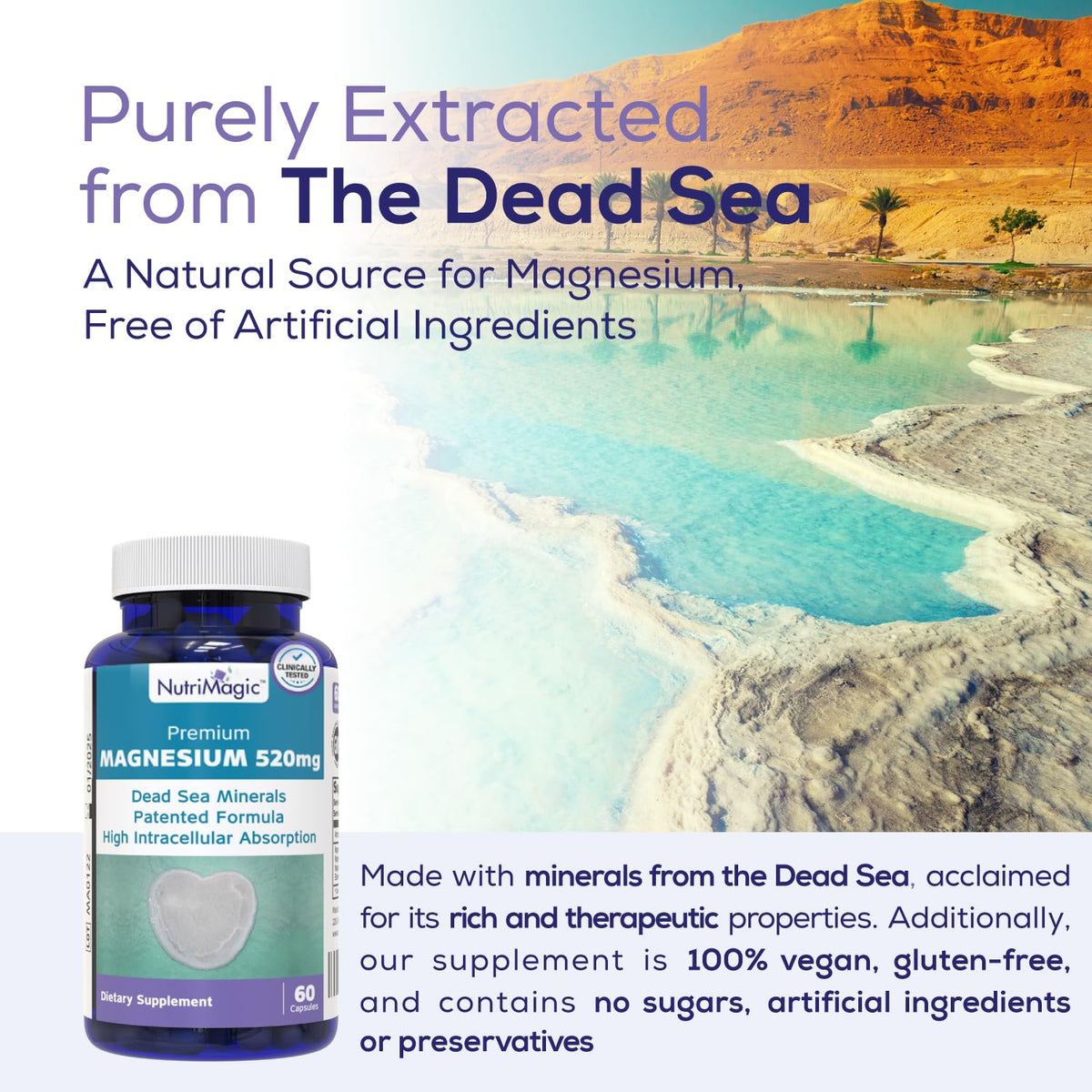 NutriMagic 520mg Patented High Absorption Elemental Magnesium from Oxide, Dead Sea Minerals Complex (1 Bottle, 2-Month Supply (60 Capsules)) NutriMagicBuy Supplements Australia