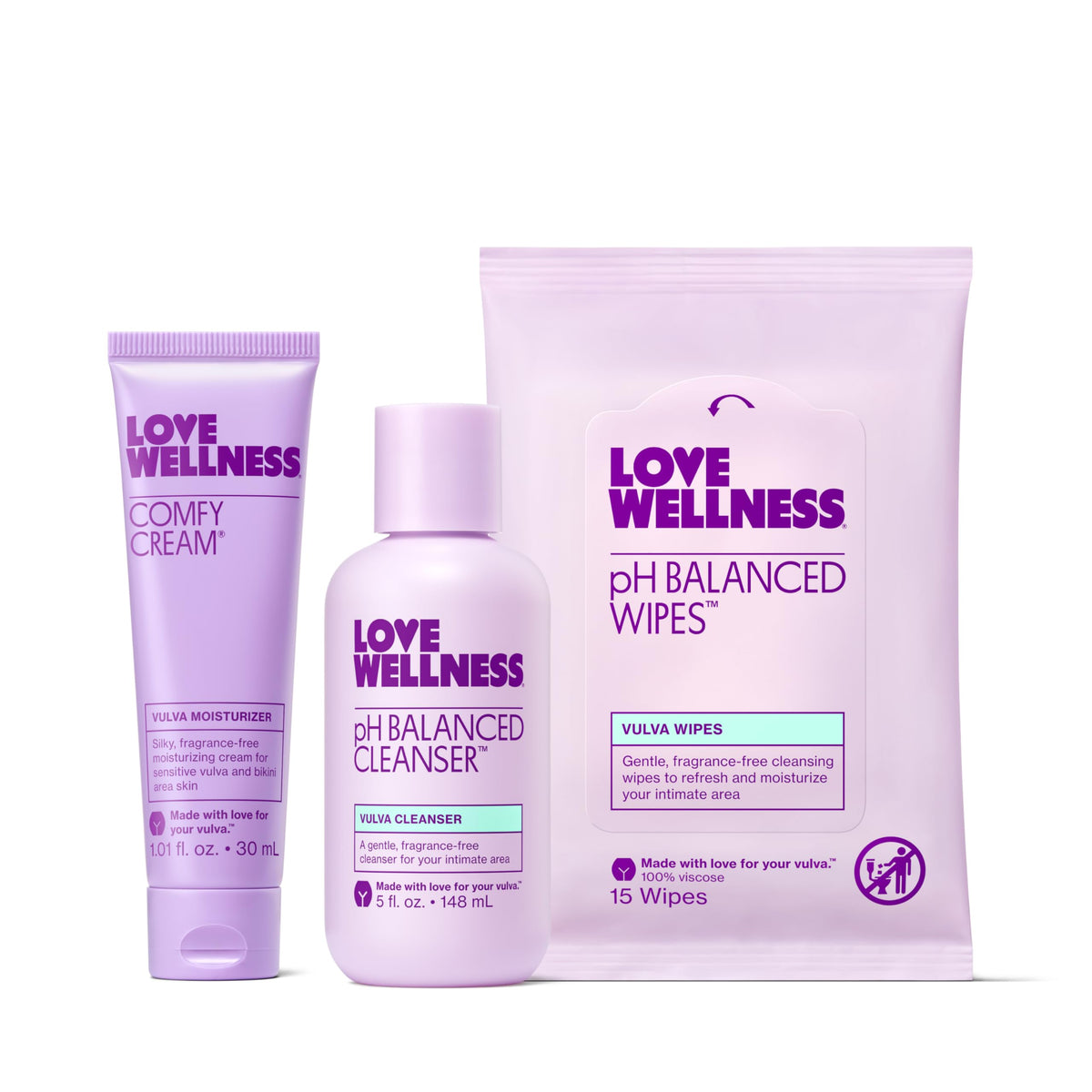Love Wellness Skincare for Down There Bundle | Gentle pH Balancing Cleanser, Moisturizing Comfy Cream & Refreshing Wipes | Feminine Care for pH Balance, Dry & Sensitive Vulva | Fragrance-Free Love WellnessBuy Supplements Australia