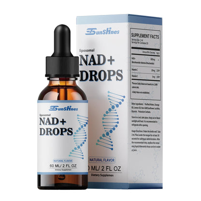 NAD+ Drops supplement bottle and packaging on a white background