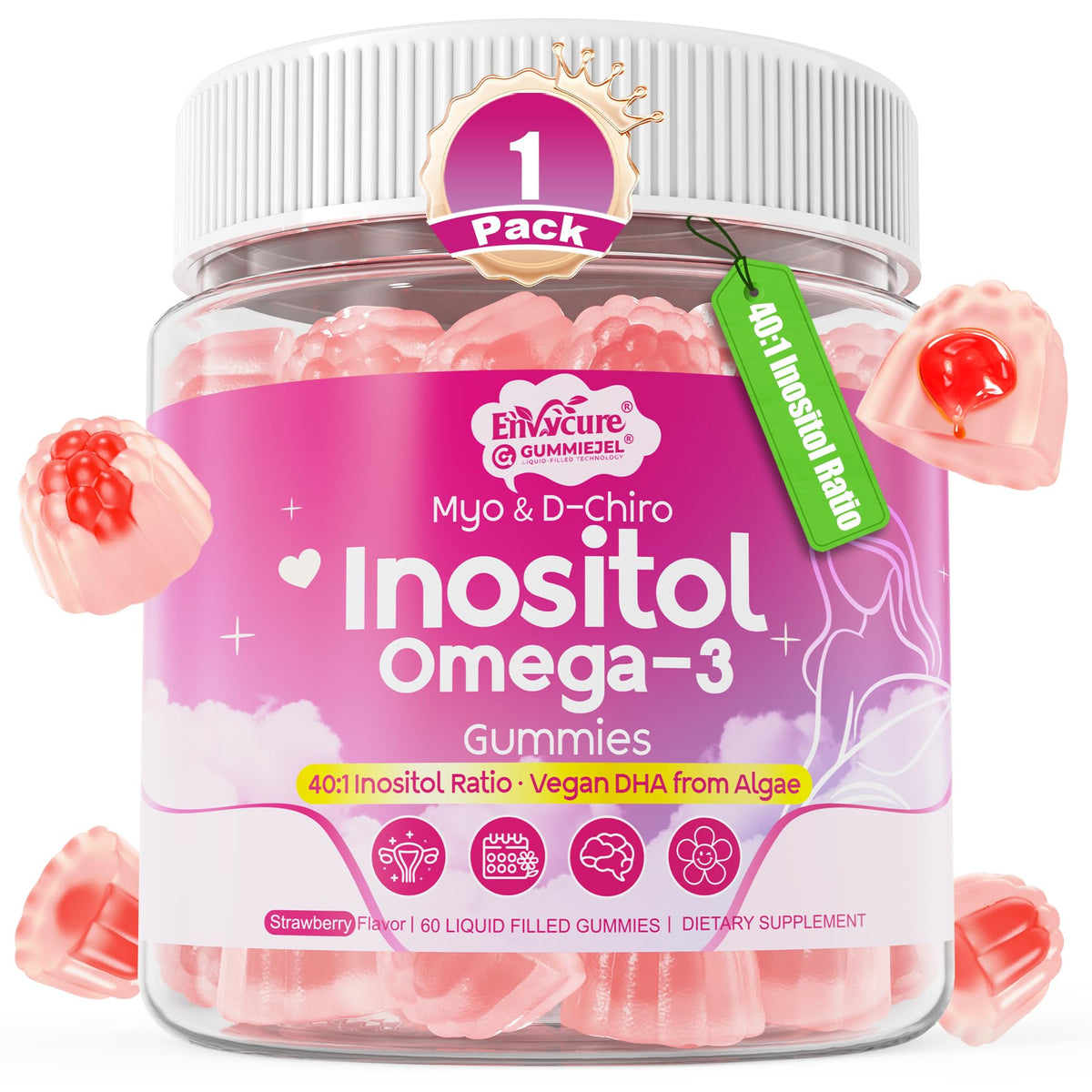 Myo-Inositol & D-Chiro Ideal 40:1, Inositol + Omega-3(3:1) Gummies, Hormone Balance for Women | Sugar Free Inositol Gummies w/Omega 3 DHA:EPA (3:1), Inositol Supplement for Cycle Health, Vegan, 60 Ct EnvyCureBuy Supplements Australia
