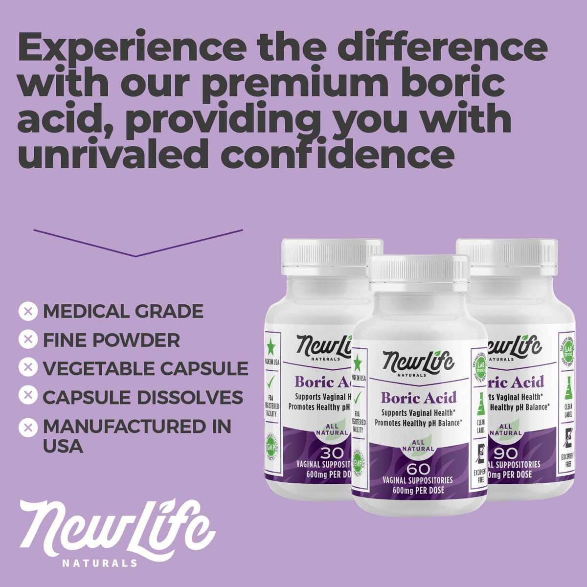 NewLife Naturals - Boric Acid Suppositories for Women pH Balance Pills - 600mg - Feminine Care NewLife NaturalsBuy Supplements Australia
