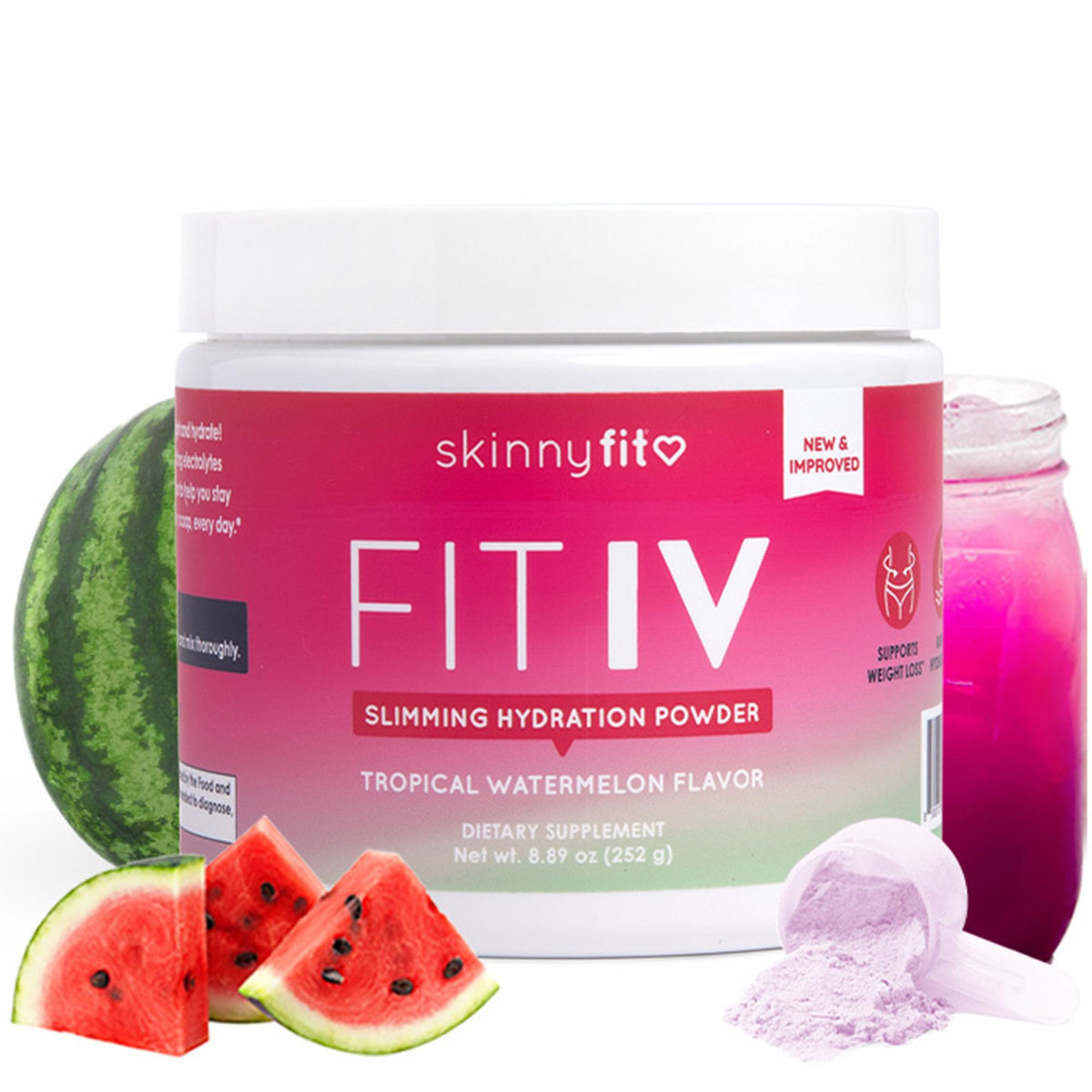 SkinnyFit - Fit IV Slimming Hydration Powder, Tropical Watermelon (Jar, 28 Scoops) - New & Improved Formula - Electrolytes, Vitamin C, Vitamin B3 - Vegan, Gluten Free, Dairy Free - Beauty & Self Care SkinnyFitBuy Supplements Australia