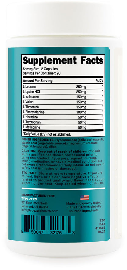 Type Zero Clean EAA Capsules (1,200mg per Serving), Essential Amino Acids Supplement with 9 EAAs, 180 Capsules, 90 Servings Type ZeroBuy Supplements Australia