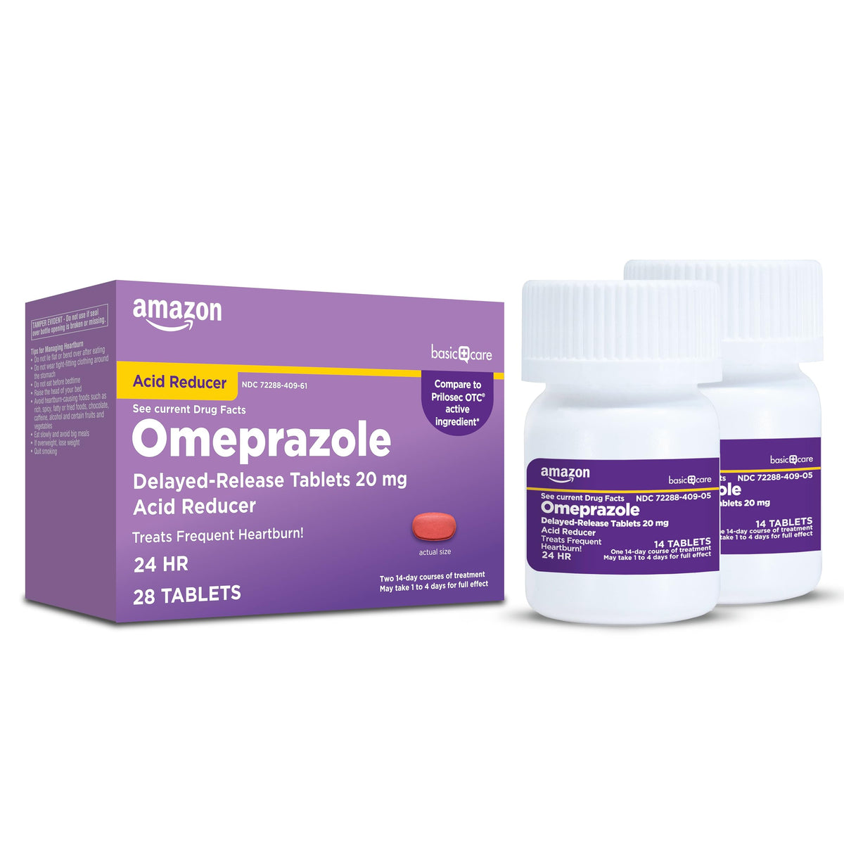 Amazon branded Omeprazole medication packaging on a white background