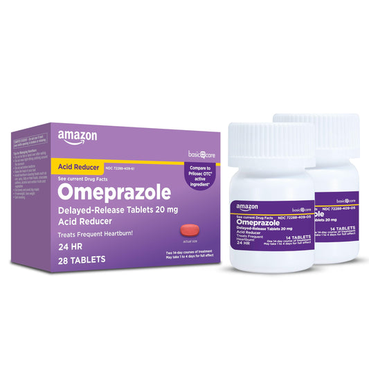 Amazon branded Omeprazole medication packaging on a white background