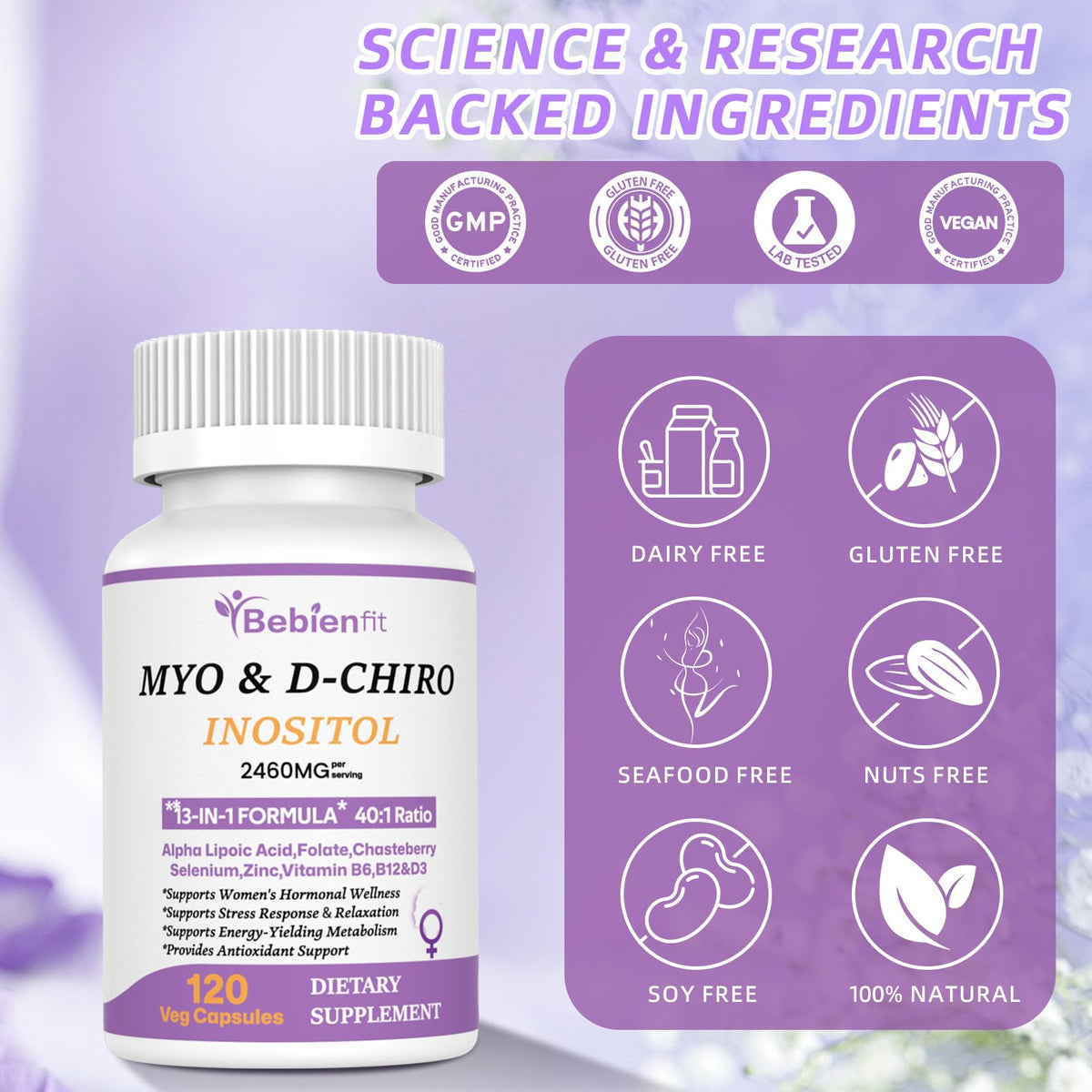 13-in-1 Myo Inositol & D-Chiro Inositol for Women PCOS,Hormonal Balance,2460mg-40:1 Ratio,Ovarian Health&Cycle Support Supplement Plus Alpha Lipoic Acid/Folate/Vitex/Magnesium/Multivitamin,120 Veg Cap Bebien fitBuy Supplements Australia