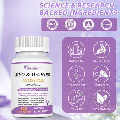 13-in-1 Myo Inositol & D-Chiro Inositol for Women PCOS,Hormonal Balance,2460mg-40:1 Ratio,Ovarian Health&Cycle Support Supplement Plus Alpha Lipoic Acid/Folate/Vitex/Magnesium/Multivitamin,120 Veg Cap Bebien fitBuy Supplements Australia