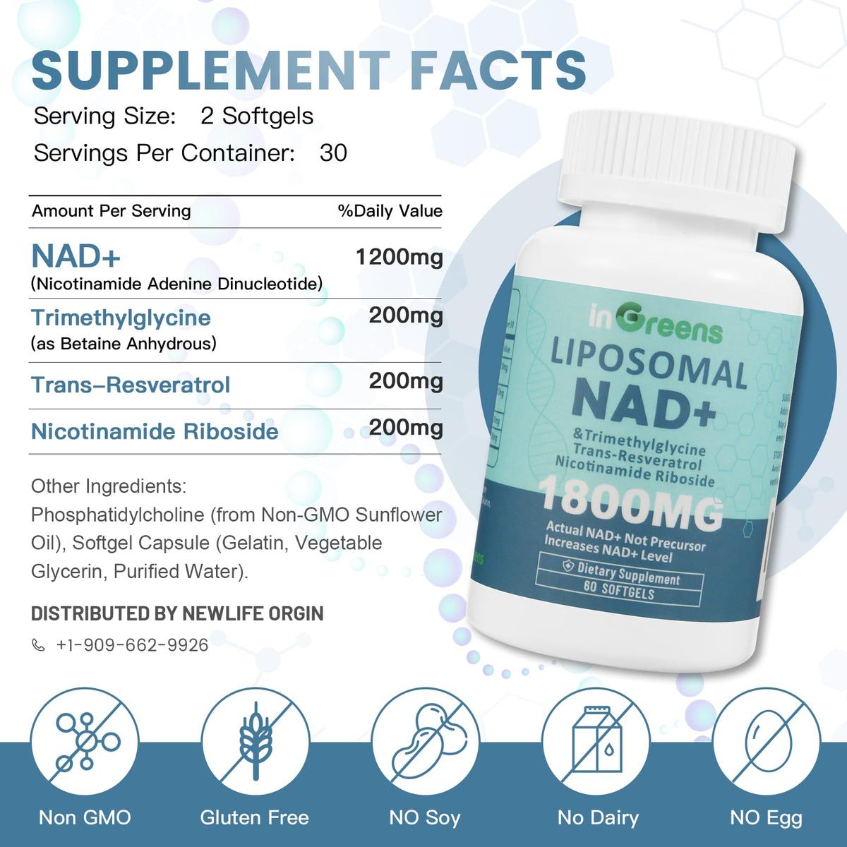inGreens Liposomal NAD+ Supplement 1800 mg with Nicotinamide Riboside, Trans Resveratrol, Trimethylglycine，Replaces NMN, Boost NAD+, Aging Defense，Cellular Energy, 120 Softgels inGreensBuy Supplements Australia