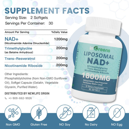 inGreens Liposomal NAD+ Supplement 1800 mg with Nicotinamide Riboside, Trans Resveratrol, Trimethylglycine，Replaces NMN, Boost NAD+, Aging Defense，Cellular Energy, 120 Softgels inGreensBuy Supplements Australia