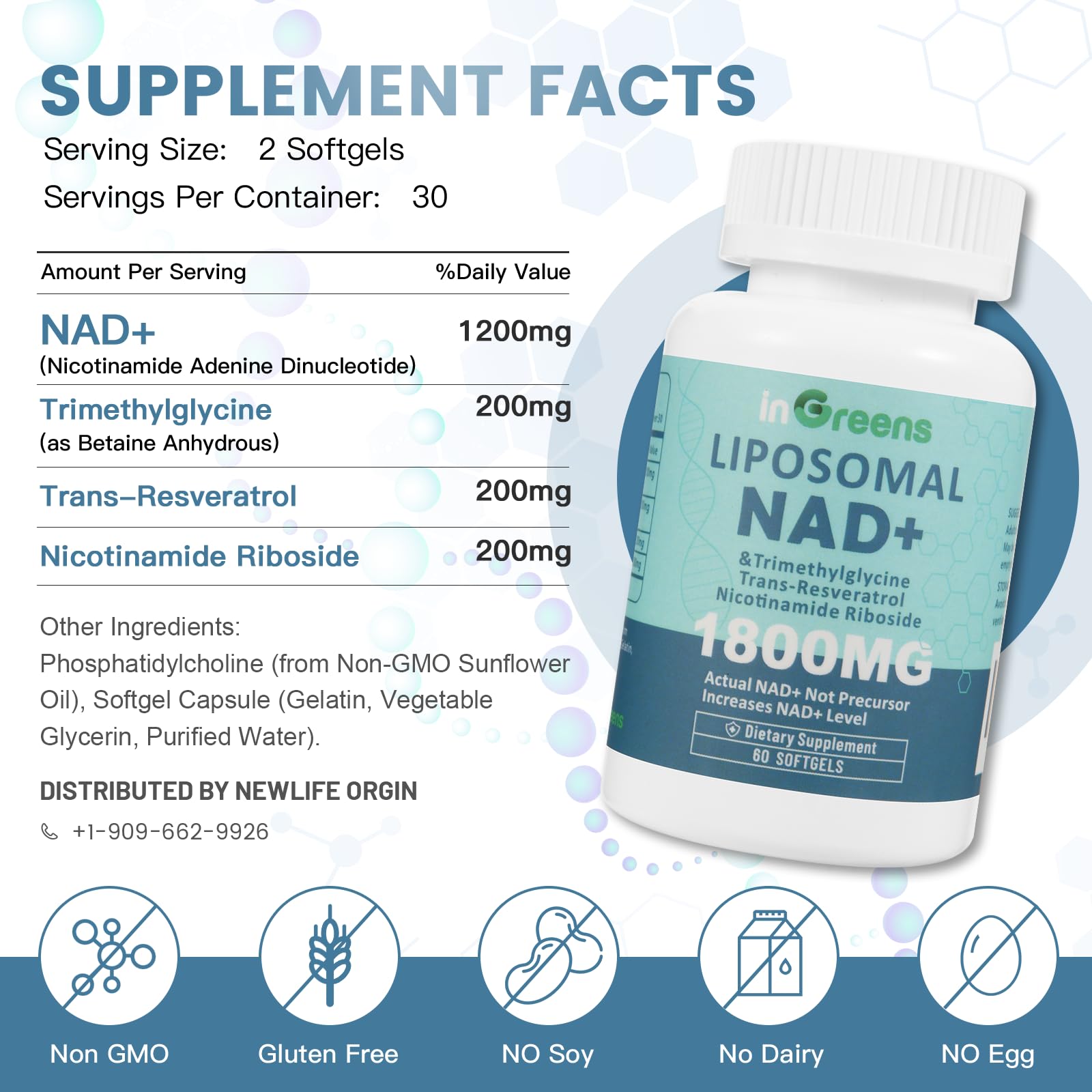 inGreens Liposomal NAD+ Supplement 1800 mg with Nicotinamide Riboside, Trans Resveratrol, Trimethylglycine，Replaces NMN, Boost NAD+, Aging Defense，Cellular Energy, 120 Softgels inGreensBuy Supplements Australia