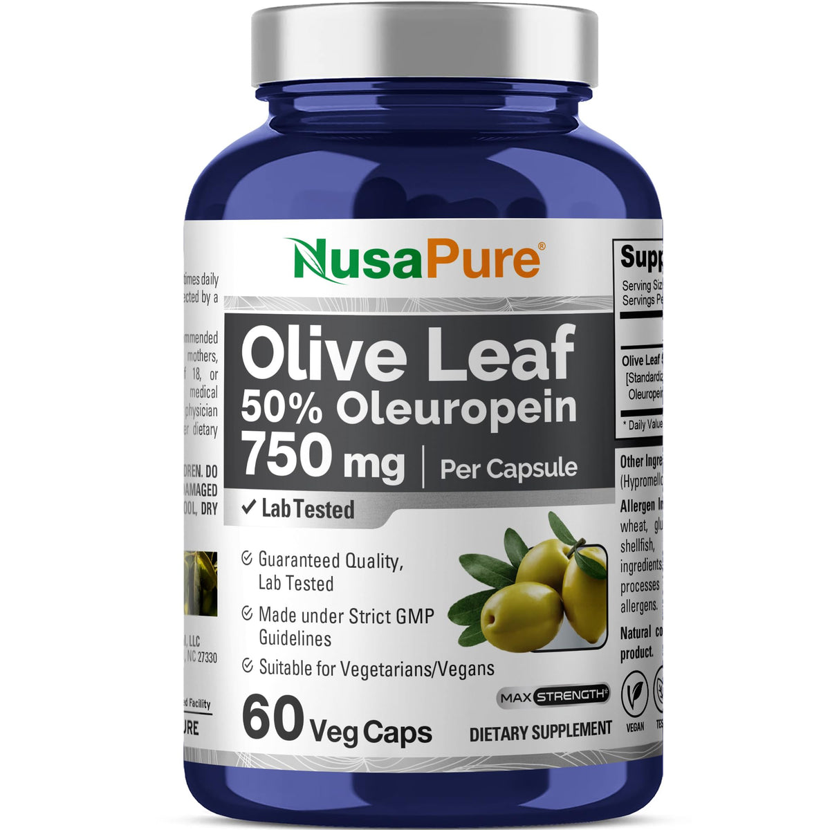 NusaPure Olive Leaf Extract 750 mg - 50% Oleuropein - Vegan and Vegetarian Non-GMO - Super Strength - No Oil - 60 Capsules NusaPureBuy Supplements Australia