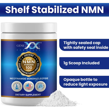 Genex Formulas Pure NMN Powder 100 Grams, Instant Dissolve, Shelf Stable, Non-Synthetic, PVP Free, Ultra-Low Density, 99.9% Pure NMN, Made in a US-Based, GMP, NSF & FSSC 22000 Certified Facility Genex FormulasBuy Supplements Australia