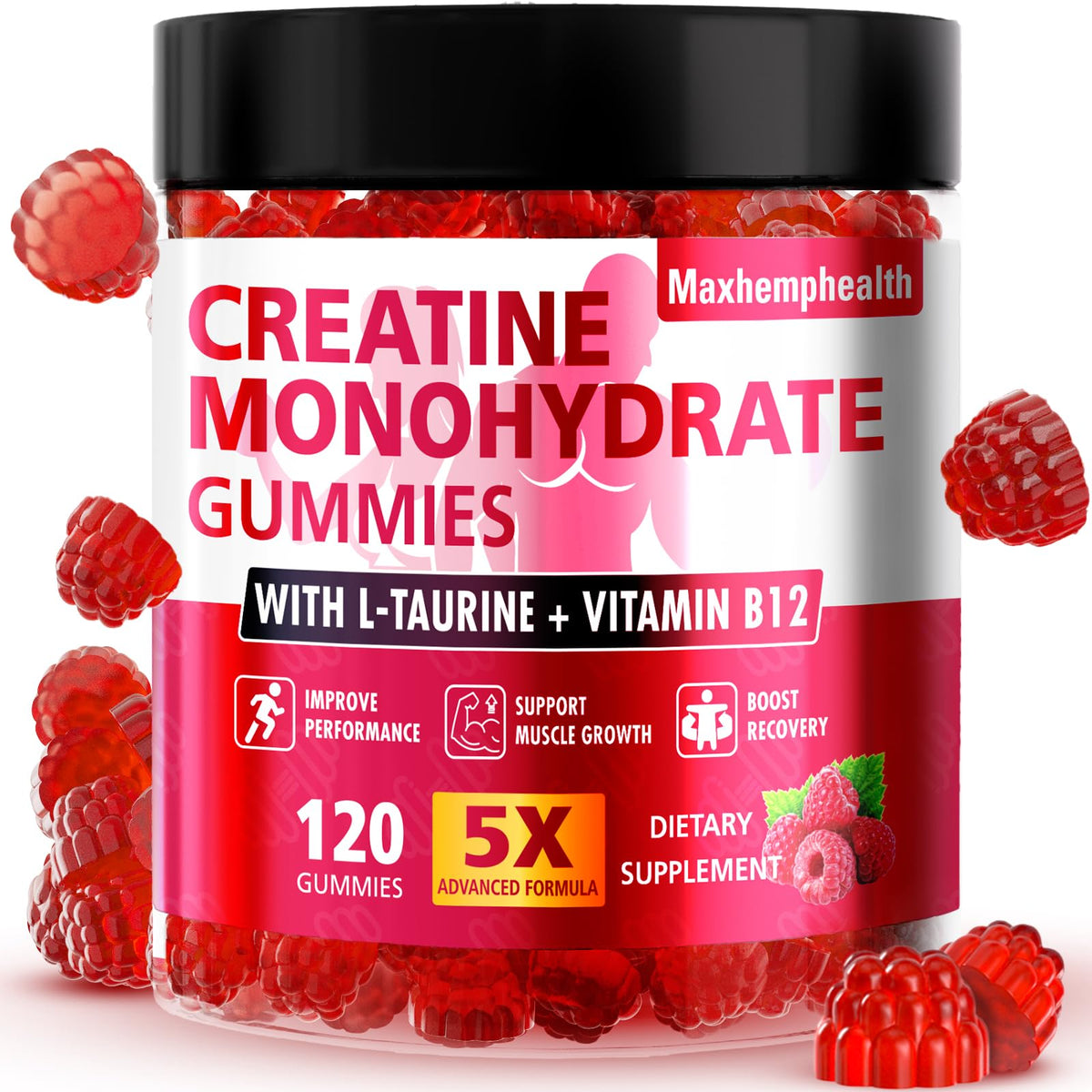 Creatine Gummies for Men & Women, Creatine Monohydrate Gummies 5g, Build Muscle, Strength, Recovery, Cognitive Health & Memory, Pre Workout Supplement, 120 Count Raspberry Chewable Gummy MaxhemphealthBuy Supplements Australia