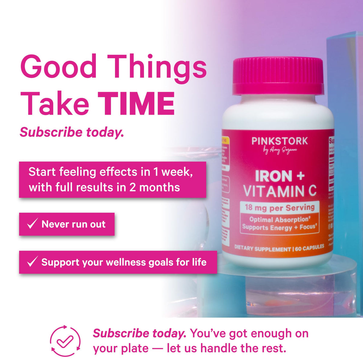 Pink Stork Iron for Women – 18 mg Non-Constipating Iron Bisglycinate + Vitamin C for Optimal Absorption – Energy, Focus, & Oxygen Supply – PMS, Pregnancy, Postpartum & Perimenopause - 60 Capsules Pink StorkBuy Supplements Australia