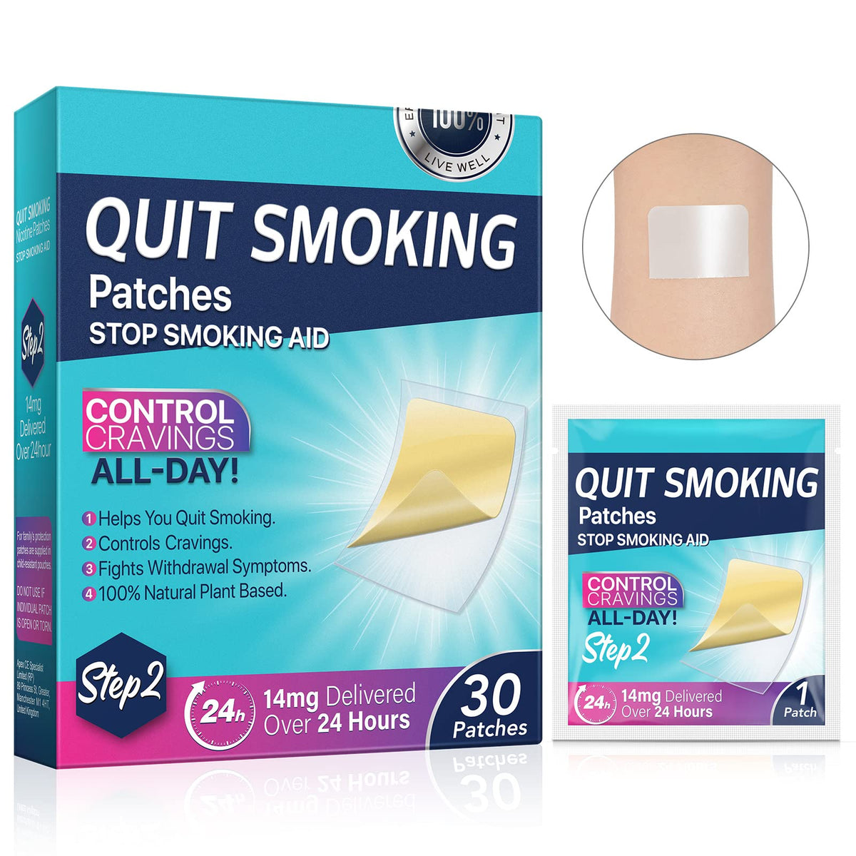 Quit smoking patches packaging with a close-up of a patch on a white background