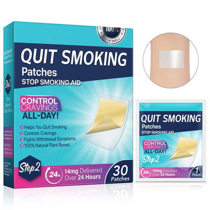 Quit smoking patches packaging with a close-up of a patch on a white background