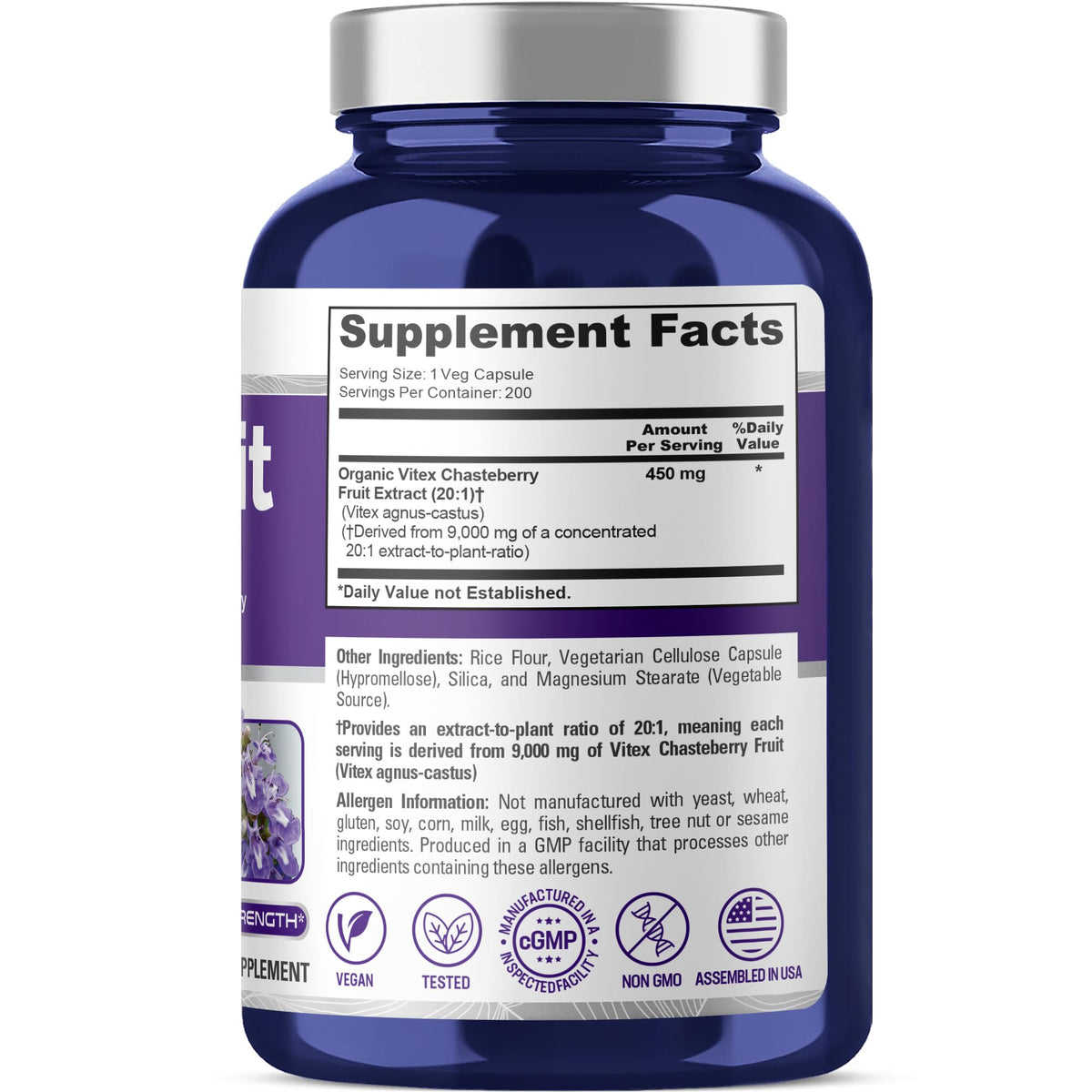 NusaPure Vitex Chasteberry Fruit 20:1 Extract, 450 mg Equivalent to 9,000 mg 200 Vegan Capsules - Non-GMO, Vegan Dietary Supplement NusaPureBuy Supplements Australia