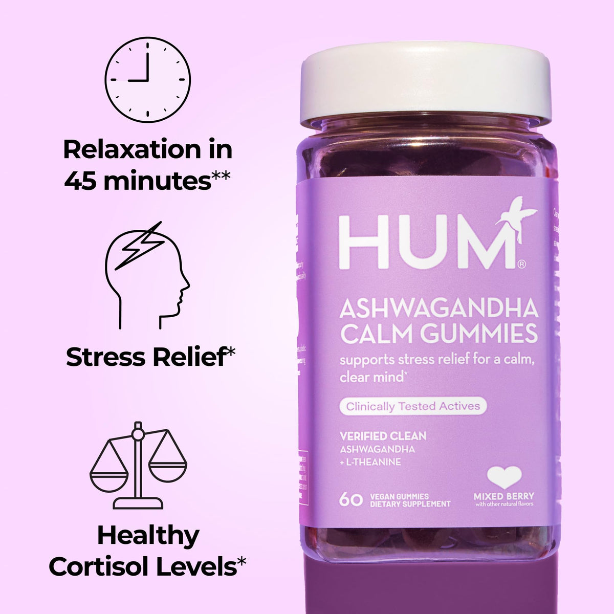 HUM Calm Ashwagandha Gummies for Women and Men, L-Theanine Ashwagandha Supplements for Daily Relaxation & Clarity Support, Vegan Fast Acting Gummy Formula, Mixed Berry Flavor, 60 Gummies HUMBuy Supplements Australia