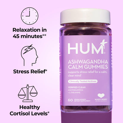 HUM Calm Ashwagandha Gummies for Women and Men, L-Theanine Ashwagandha Supplements for Daily Relaxation & Clarity Support, Vegan Fast Acting Gummy Formula, Mixed Berry Flavor, 60 Gummies HUMBuy Supplements Australia