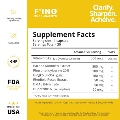 F'ing Clarity - Clarity, Memory + Brain Boosting Nootropic Supplement | Bacopa Extract, Phosphatidylserine 20%, Gingko Biloba Extract, Rhodiola Rosea Extract, DMAE Bitrartrate, B-12, Huperzine A F'ingBuy Supplements Australia