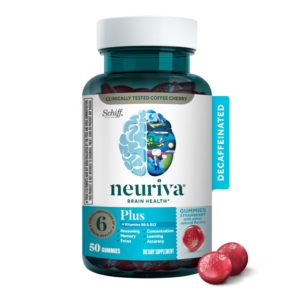 NEURIVA Plus Decaffeinated Nootropic Brain Supplement for Memory, Focus & Concentration & Cognitive Function, Clinically Tested NeuroFactor, Phosphatidylserine, Vitamins B6 B12,50ct Strawberry Gummies NEURIVABuy Supplements Australia