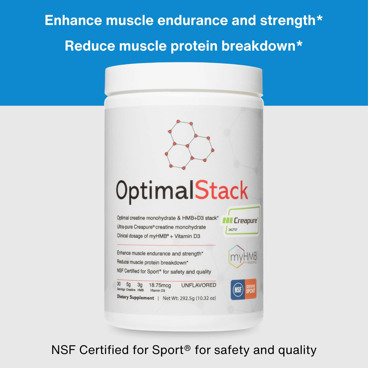 OptimalStack Creatine Monohydrate, HMB, & Vitamin D3 Stack | with Creapure Creatine, Clinical Dosage of myHMB, and Vitamin D3 | NSF for Sport Certified | Unflavored, 30 Servings OptimalAminoBuy Supplements Australia