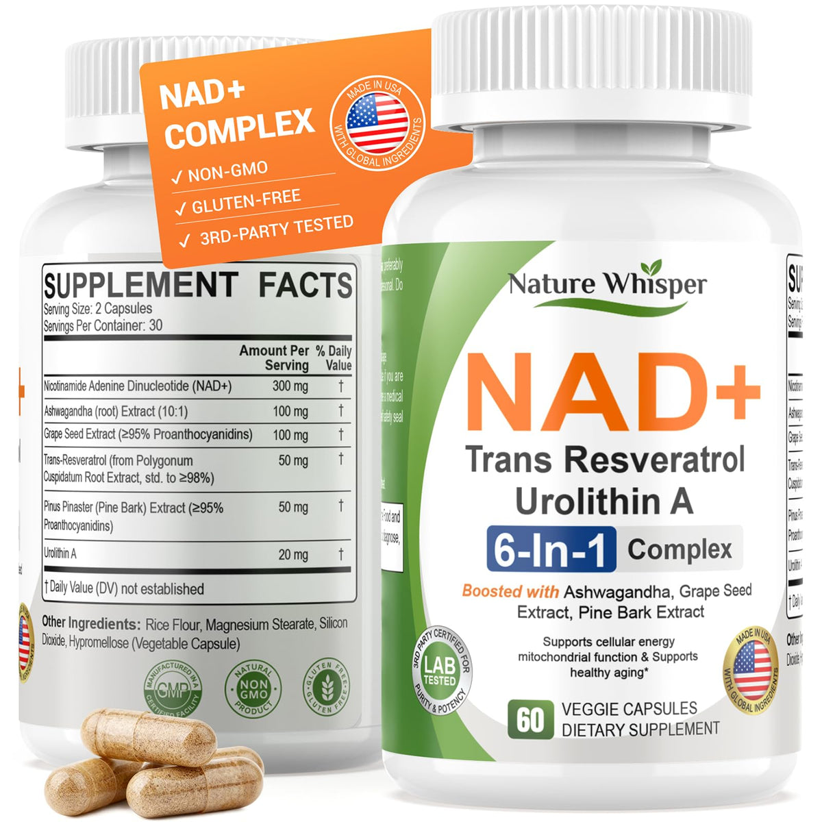 Nature Whisper NAD+ supplement bottle with capsules on a white background