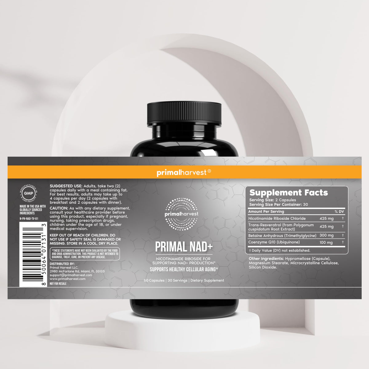 Primal Harvest NAD+ Supplement: Nicotinamide Riboside, Trans-Resveratrol, Betaine, CoQ10, NAD Supplements for Cellular Health, Energy, and Mitochondrial Support (60 Count (1 Pack) Primal HarvestBuy Supplements Australia