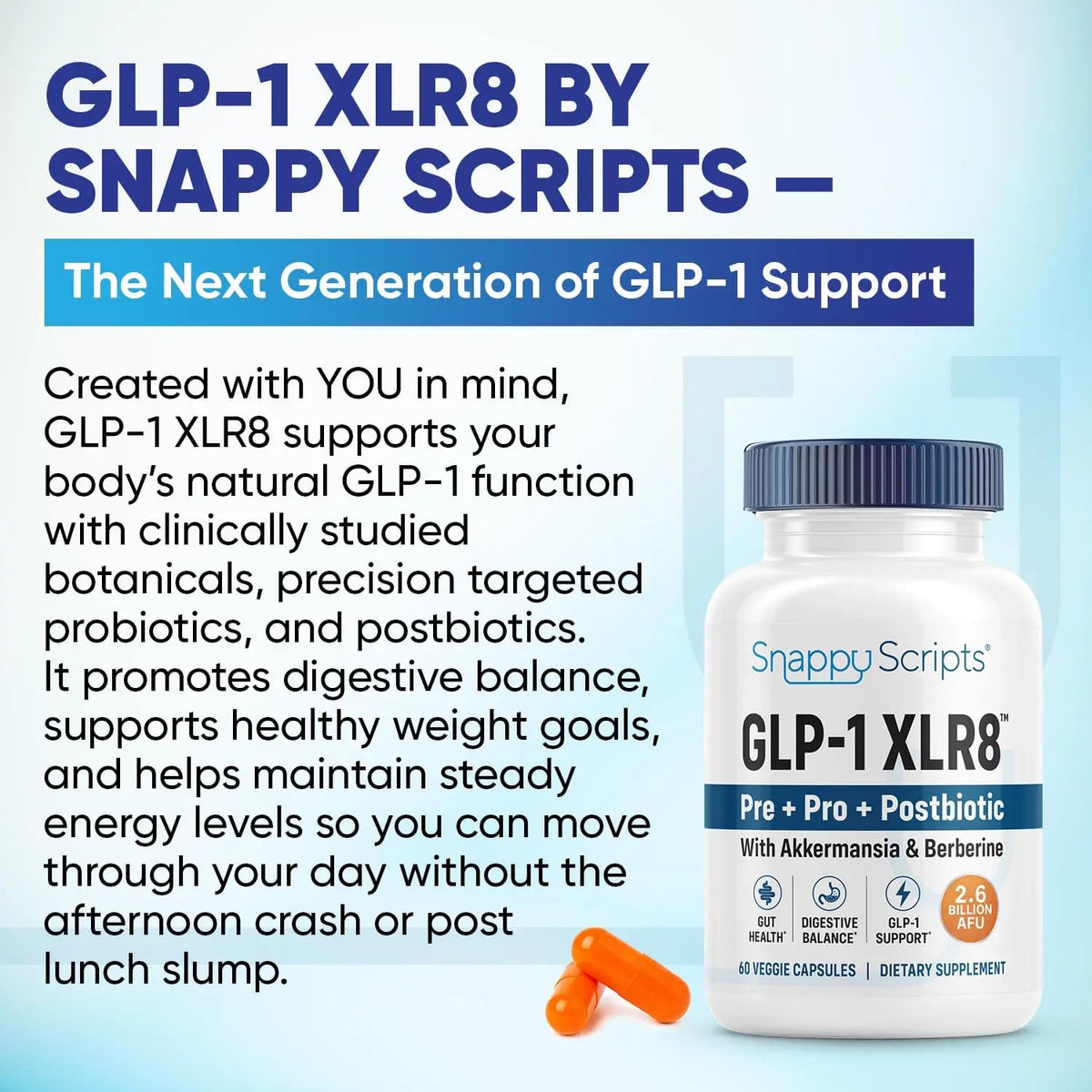 GLP-1 XLR8 Supplement for Weight Loss, Digestion, Constipation, Bloating Relief with Akkermansia 2.6 Billion AFU Live Prebiotic Probiotic Postbiotic Gut Health + Berberine for Women Men 60 Capsules Snappy ScriptsBuy Supplements Australia
