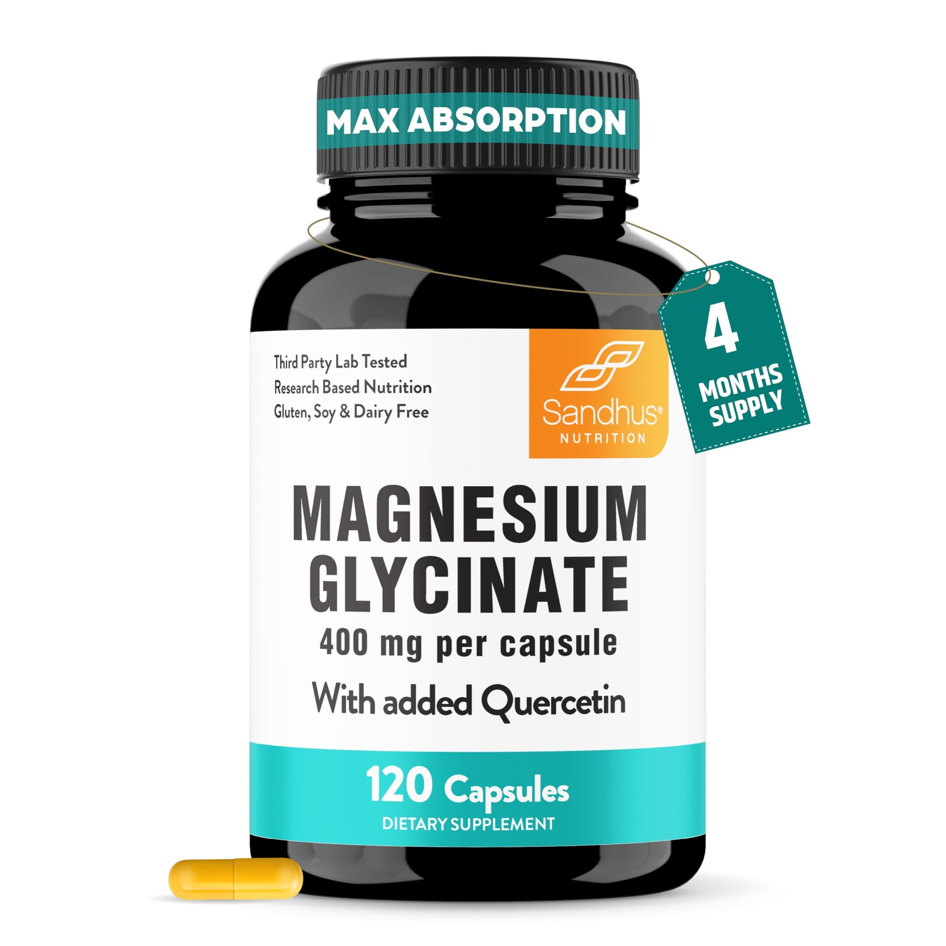 Magnesium Glycinate 400mg High Absorption Capsules with Quercetin | Quality Sleep, Relaxation & Muscle Health Supplement for Women and Men | Chelated Magnesium 120 Count Sandhu's canada supplements