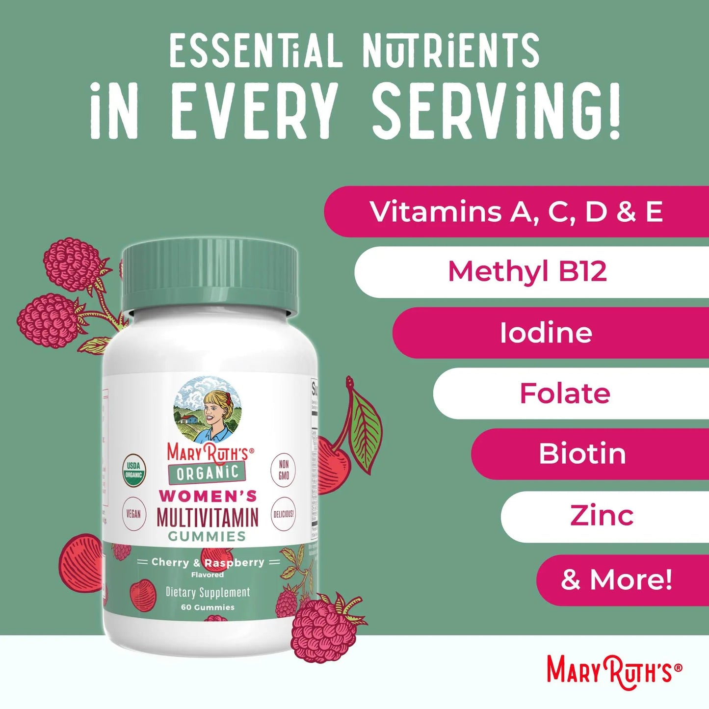 MaryRuth's Multivitamin Gummies for Women (Cherry & Raspberry) & Iron Liquid Supplement (Berry) | Clean Label Project Verified MARYRUTH'S