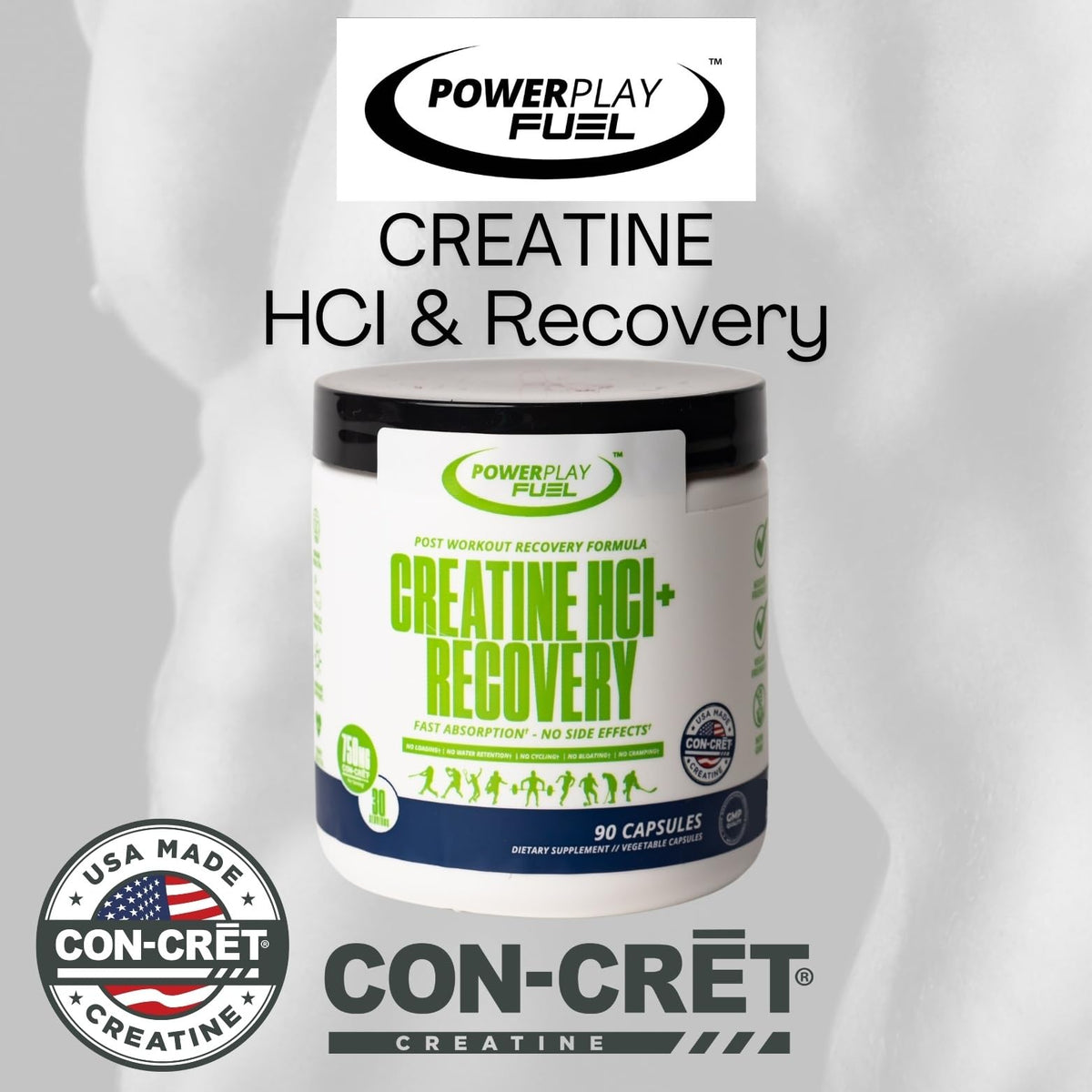 CREATINE HCl + Recovery Capsules for Men and Women, Muscle & Brain Health, Cognitive Function, Immune Support - 90 Vegetable Capsules POWER PLAY FUELBuy Supplements Australia