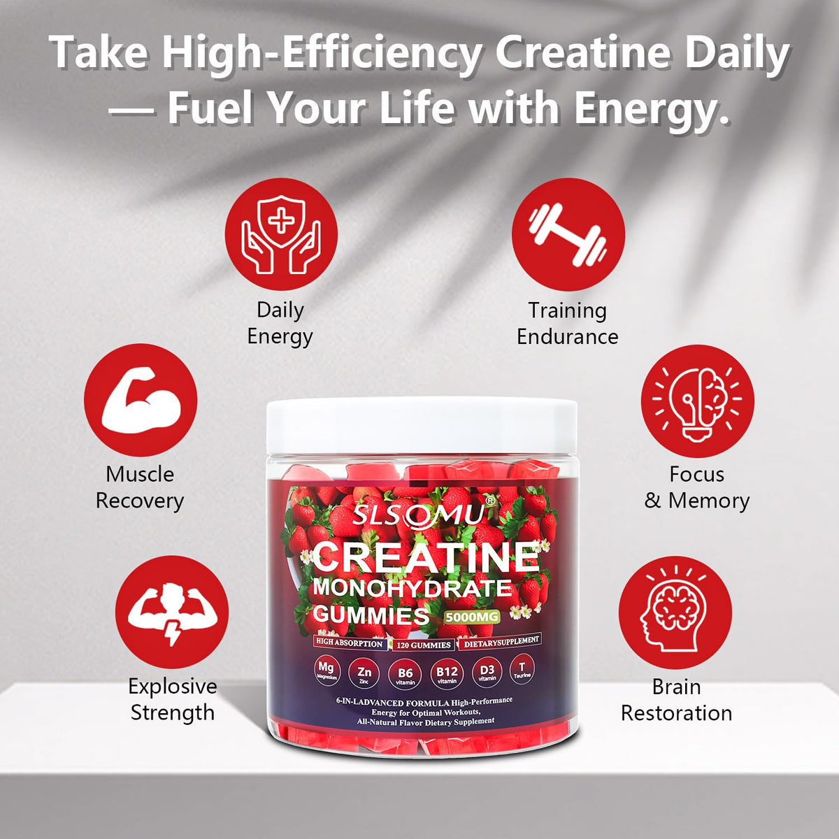 Slsomu Creatine Gummies for Women, 5000mg Pre-Workout Muscle Strength & Energy Support, 0 Sugar Creatine Gummy with L-Taurine, Zinc