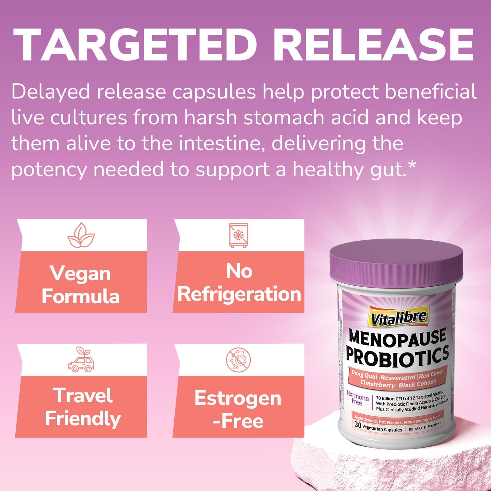 Vitalibre Menopause Probiotics for Women 70 Billion CFU, 12 Targeted Strains, Organic Prebiotics, Black Cohosh Resveratrol Red Clover Chasteberry Dong Quai, Hot Flash Night Sweat+, No Estrogen, 30 Ct VitalibreBuy Supplements Australia