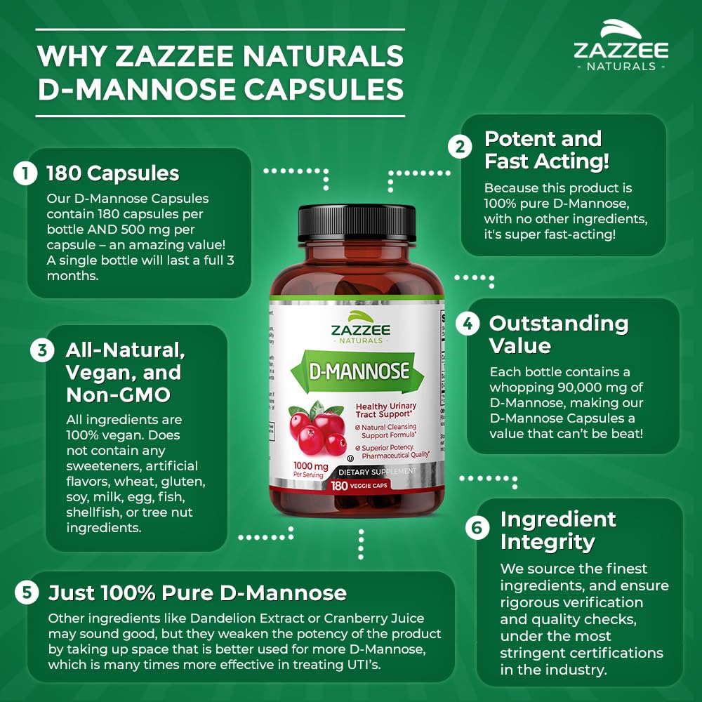 Zazzee D-Mannose, 1000 mg per Serving, 180 Vegan Capsules, 3 Month Supply, Potent ZazzeeBuy Supplements Australia